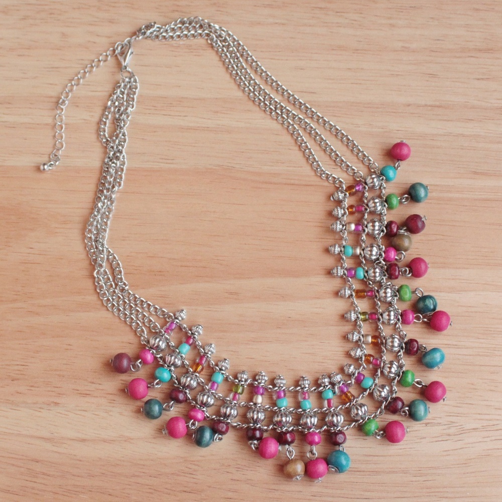Bohemian Rainbow Belly Dancer Silver Tone Wood Bead Multi Colored Chain Necklace